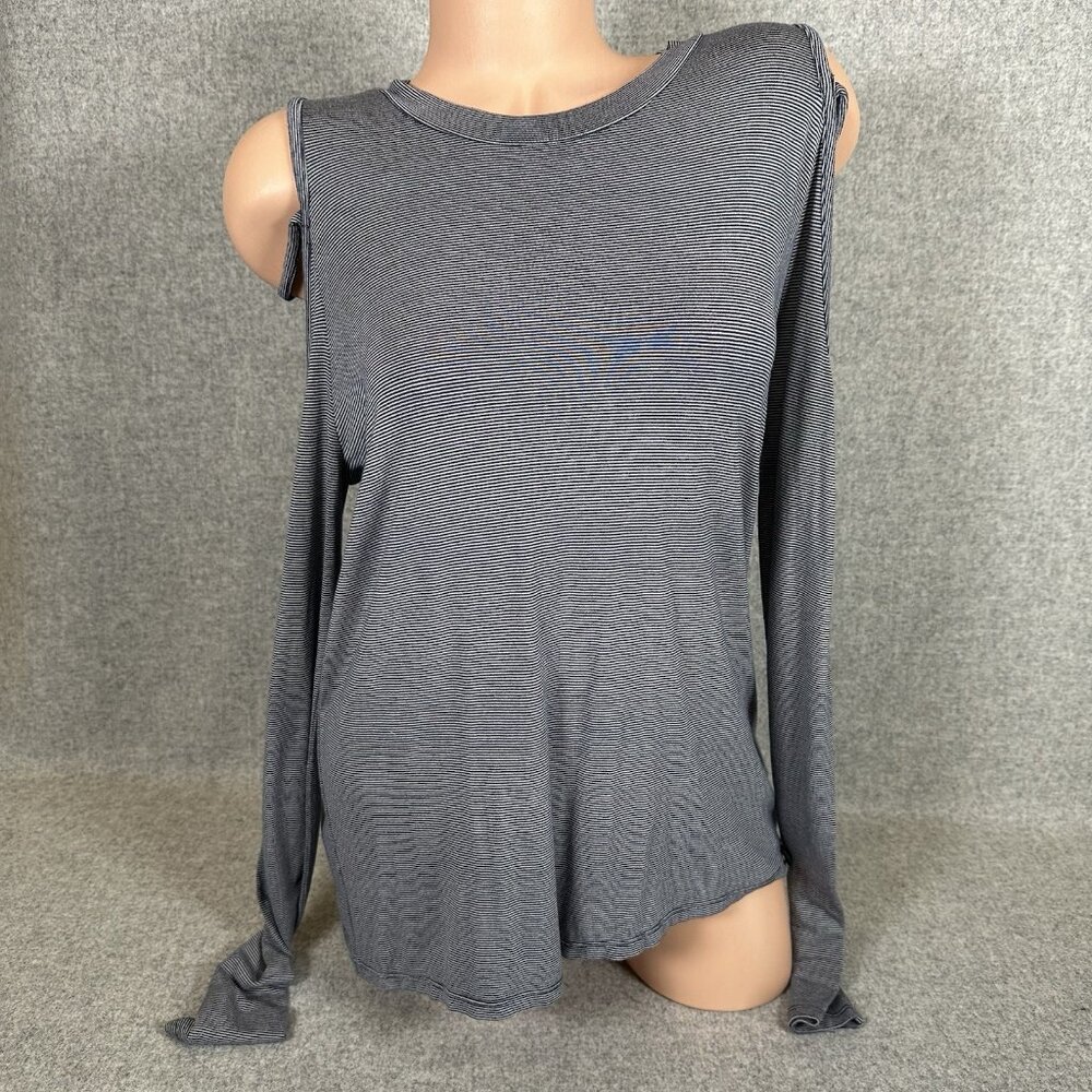 Volcom Womens True To‎ This Open Shoulder Large Long Sleeve Striped Navy Stretch